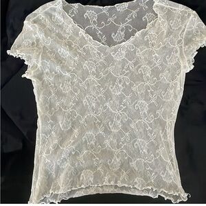 White Sheer Lace Fitted V-Neck Blouse with Short Flutter Sleeves